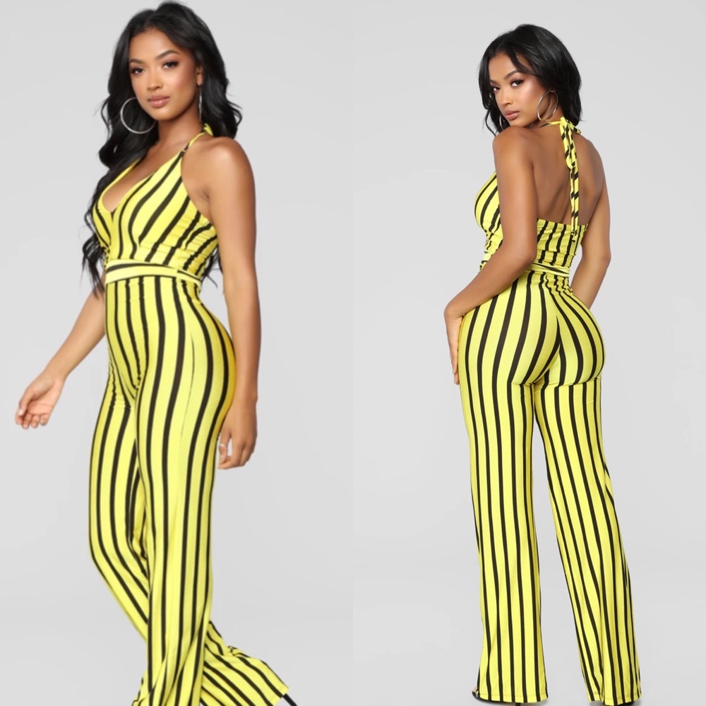 Fashionnova Yellow Stripped Jumpsuit
